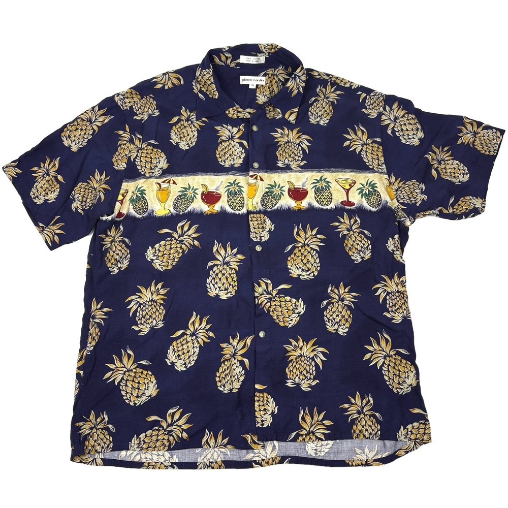 VTG 90s Pierre Cardin Tropical Cocktail Hawaiian Shirt Mens Sz XL Navy Pineapple